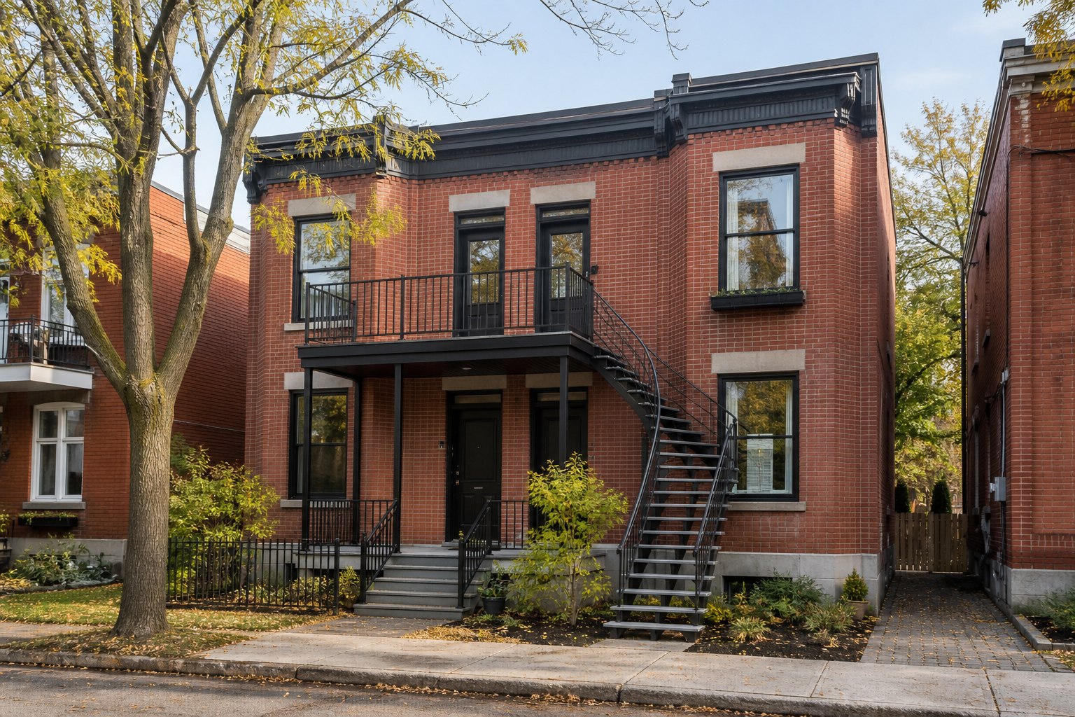 Photo originale d'un duplex montréalais en brique rouge